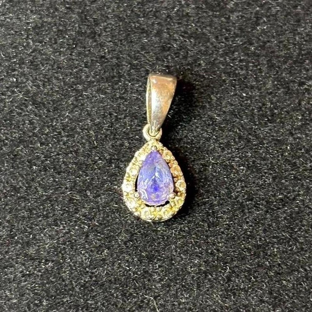 Tanzanite w/ Diamond Halo Teardrop Pendant in Sterling Silver Stamped 925